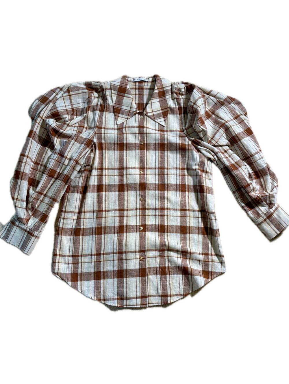 Rejina Pyo Julia Shirt Brown Check Oversized Collar Voluminous Sleeves Size M